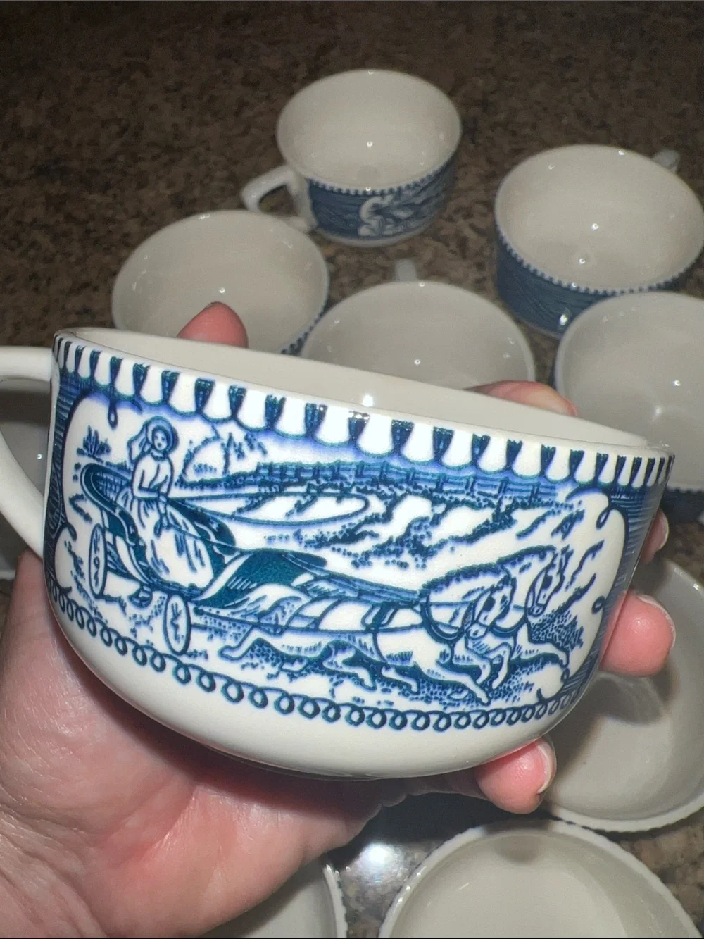 Set of 13 Vintage Royal Blue China Currier & Ives Coffee Cups Horse Buggy Mug